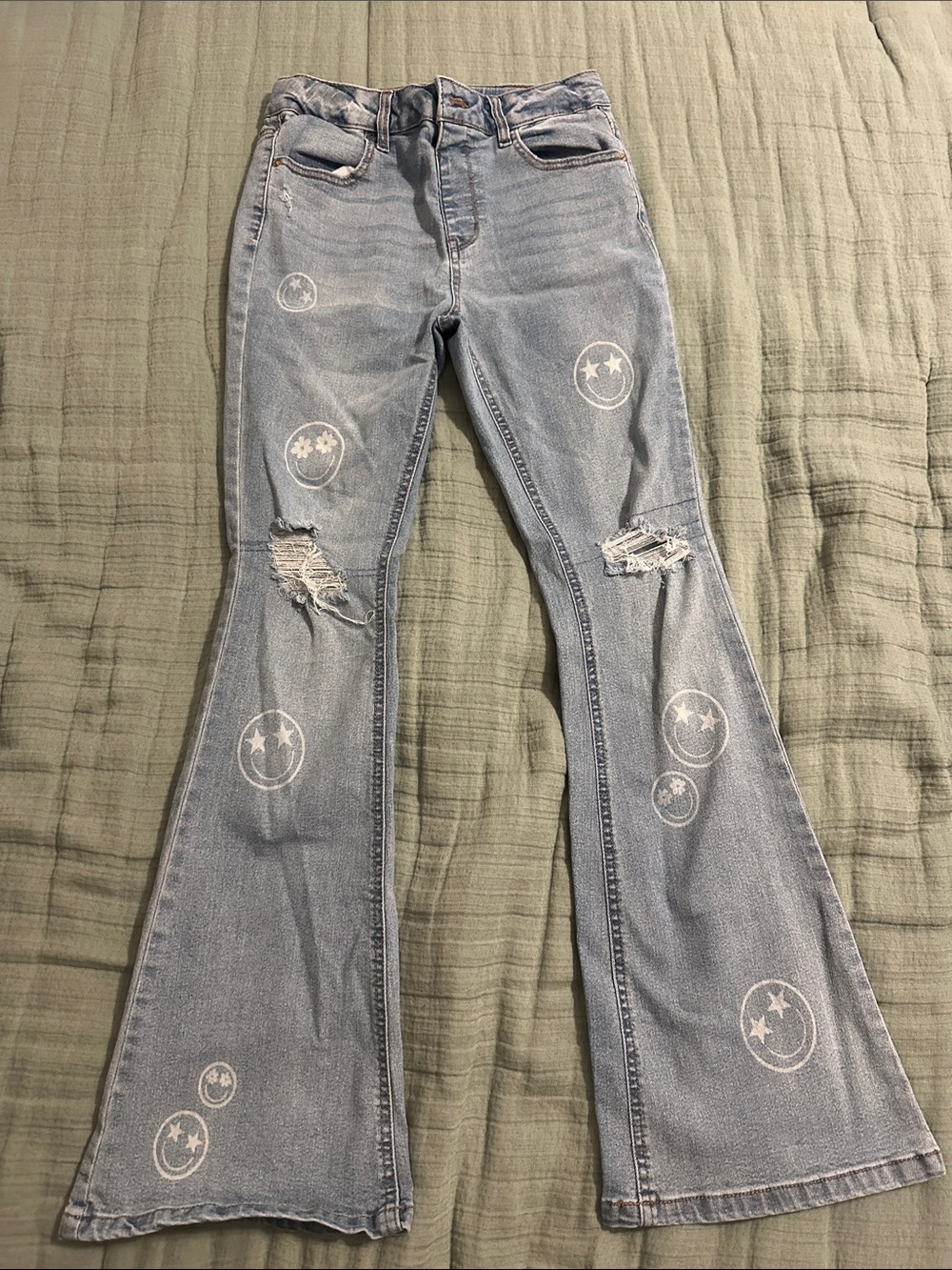 Light Blue Girl’s Flared Jeans with Distressed Smile Print